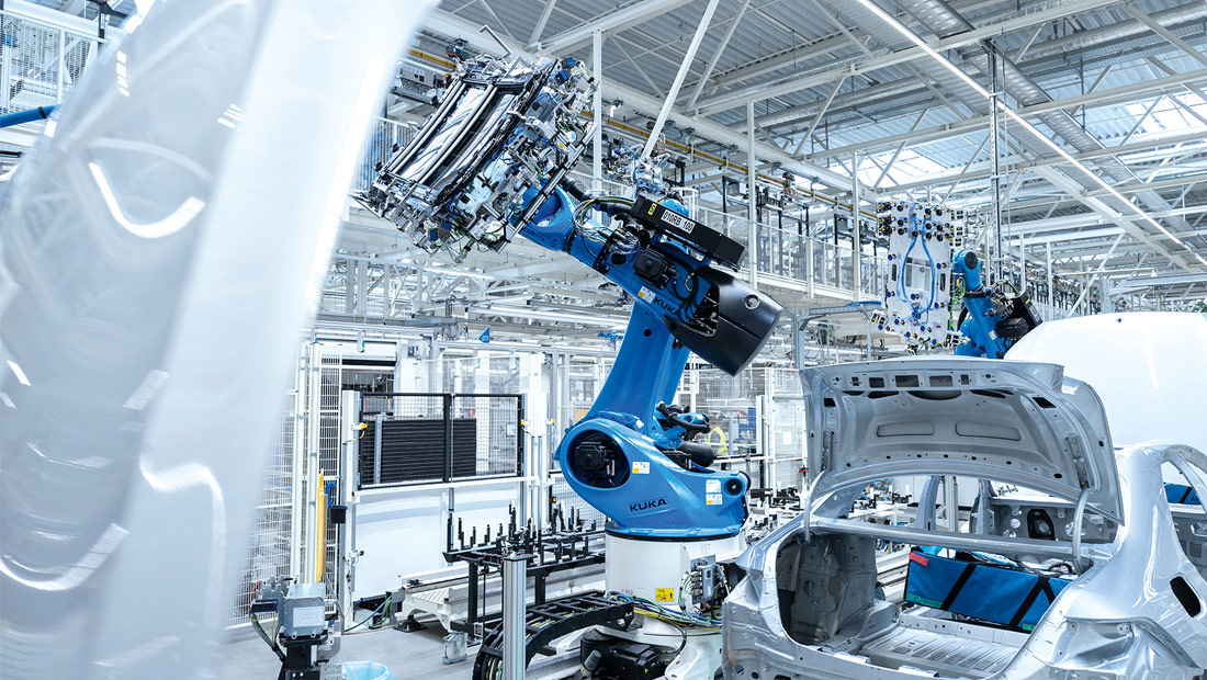 Hallmarks of Factory 56: IoT-enabled robotics, automated guided vehicles, 5G and integration into the MO360 digital ecosystem.