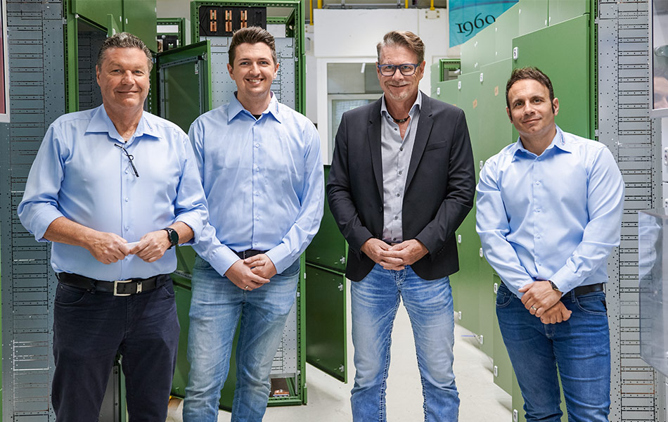 The gefeba team: left to right, Michael Gendrzeiko (Head of Standards and Guide- lines, member of the Customer Advisory Board at Rittal), Kevin Pelka (Project Manager), Dirk Rhode (Managing Director) and Claudio Aloisi (Business Unit Manager)